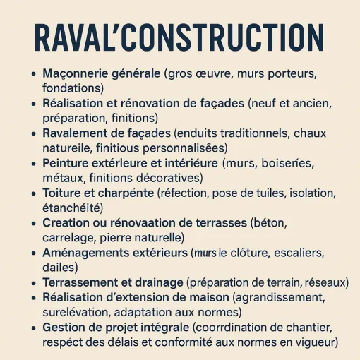 Visuel carré au format Instagram présentant le logo et le nom "Raval’Construction" en haut, sur fond clair. En dessous, une liste en 12 points détaille les services de l’entreprise : maçonnerie, réalisation et rénovation de façades, ravalement, peinture, toiture, terrasses, piscines, aménagements extérieurs, terrassement, extensions, rénovation complète et gestion de projet intégrale. Style clair, sobre et professionnel.